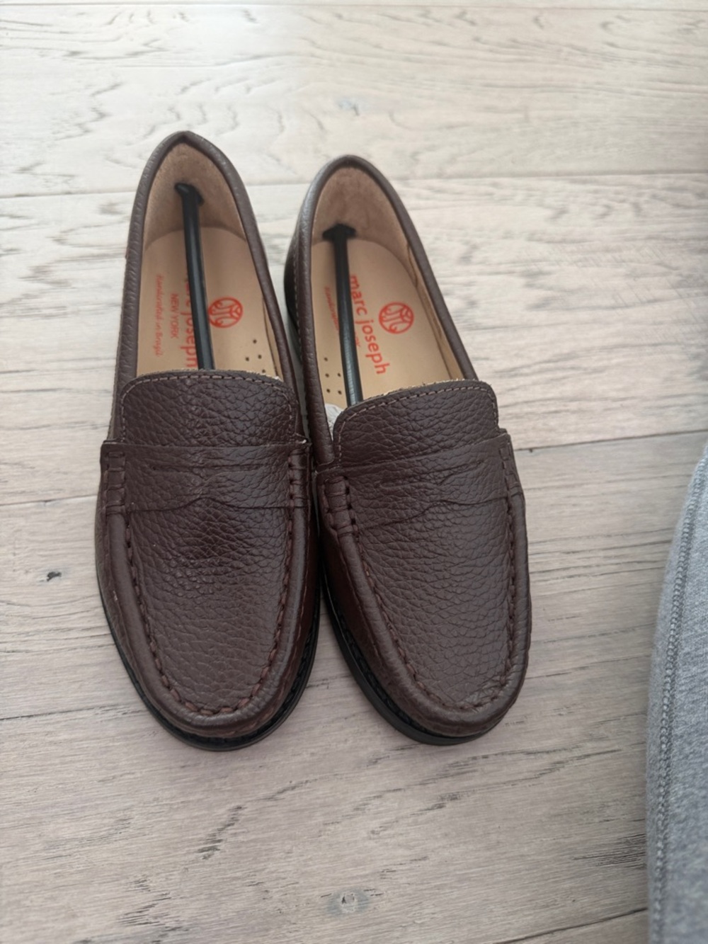 Marc Joseph Dark Brown Pebbled Leather Penny Loafers for kids